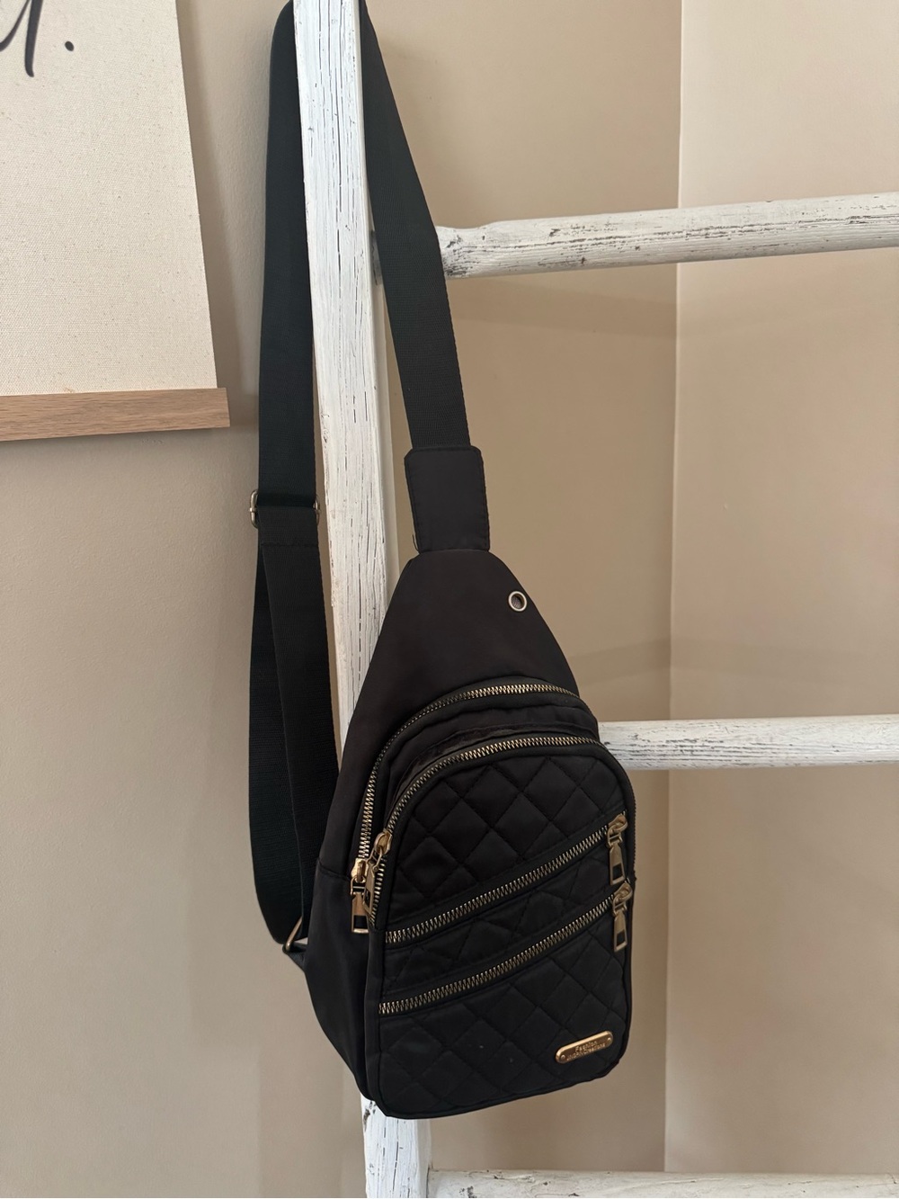 Quilted Black Crossbody Sling Bag with Gold Hardware